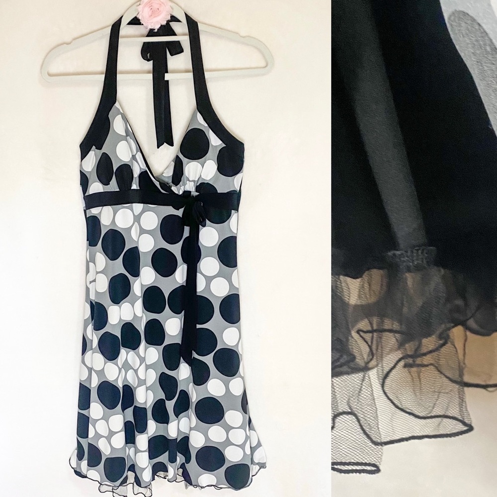 BCX Polka Dot Halter Dress with Peekaboo Ruffle, Black/White/Grey, Medium